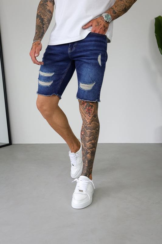 SLIM DENIM SHORT - DARK BLUE RIPPED